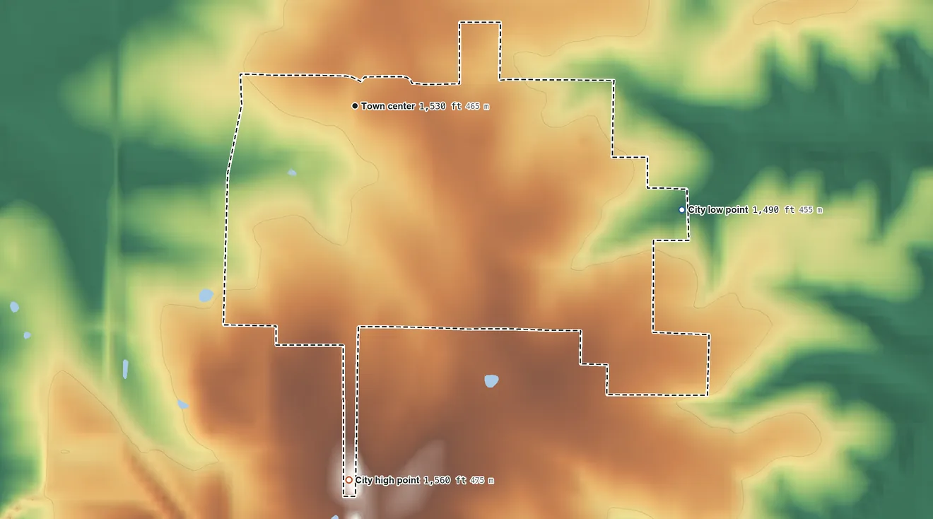 Topographic elevation map of Butterfield, Missouri, shaded from 1,490 ft on the east side to 1,560 ft on the south side