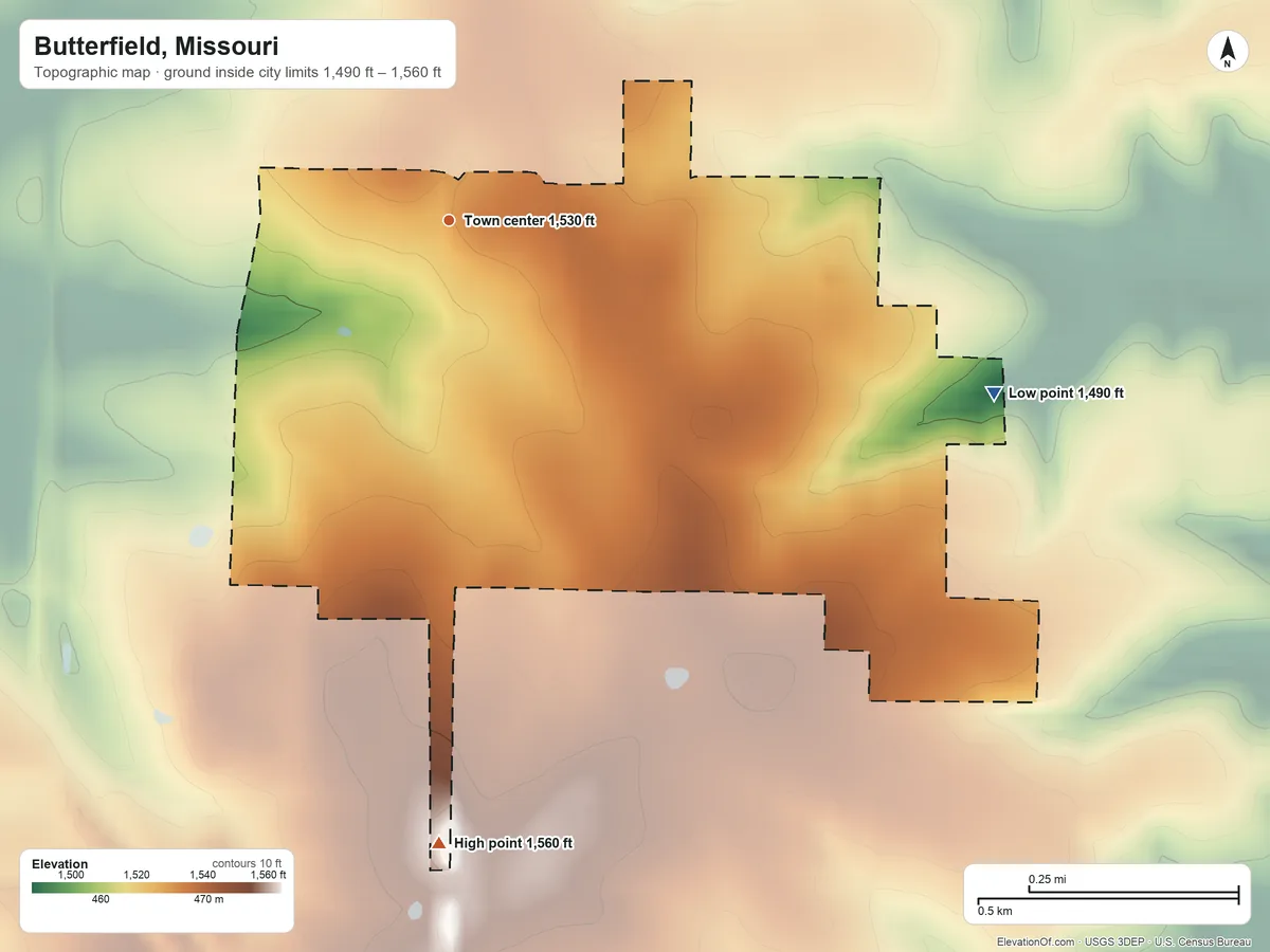 Topographic elevation map of Butterfield, Missouri, shaded from 1,490 ft on the east side to 1,560 ft on the south side