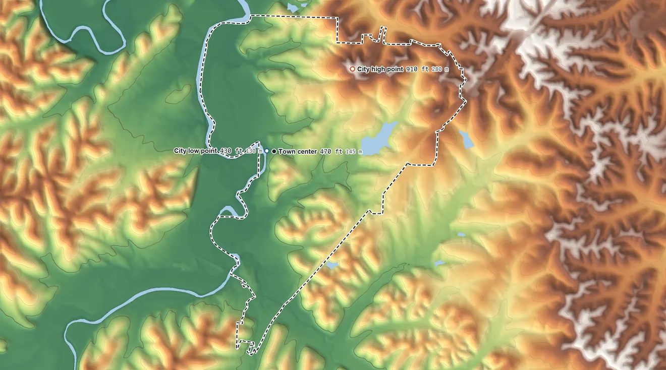 Topographic elevation map of Byrnes Mill, Missouri, shaded from 430 ft near the middle to 910 ft on the northeast side