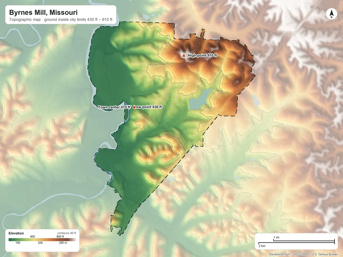 Topographic elevation map of Byrnes Mill, Missouri, shaded from 430 ft near the middle to 910 ft on the northeast side