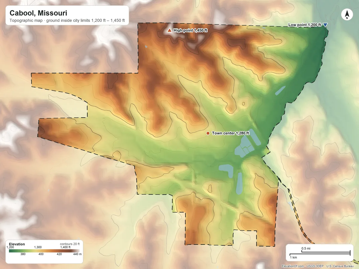 Topographic elevation map of Cabool, Missouri, shaded from 1,200 ft on the northeast side to 1,450 ft on the north side