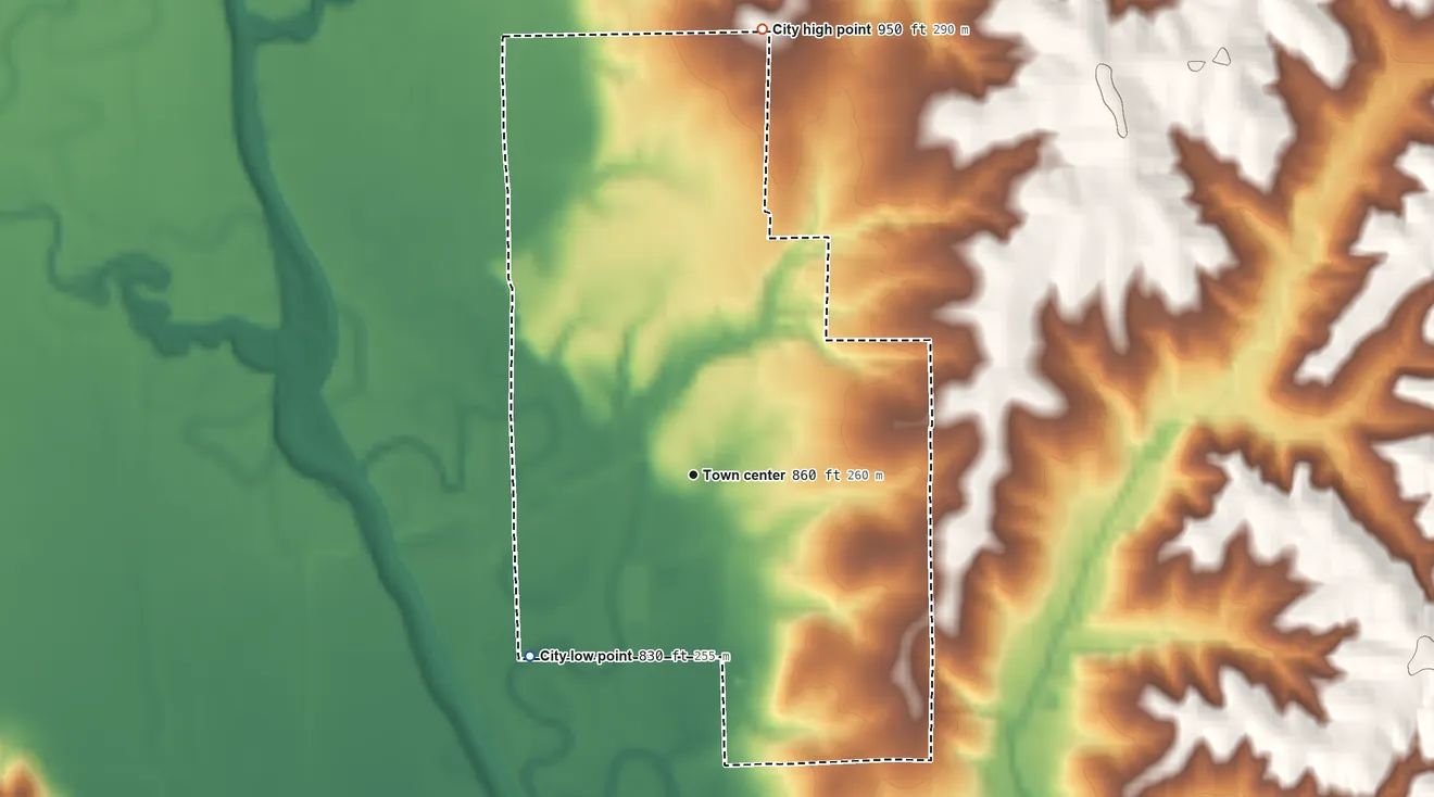 Topographic elevation map of Cainsville, Missouri, shaded from 830 ft on the southwest side to 950 ft on the north side