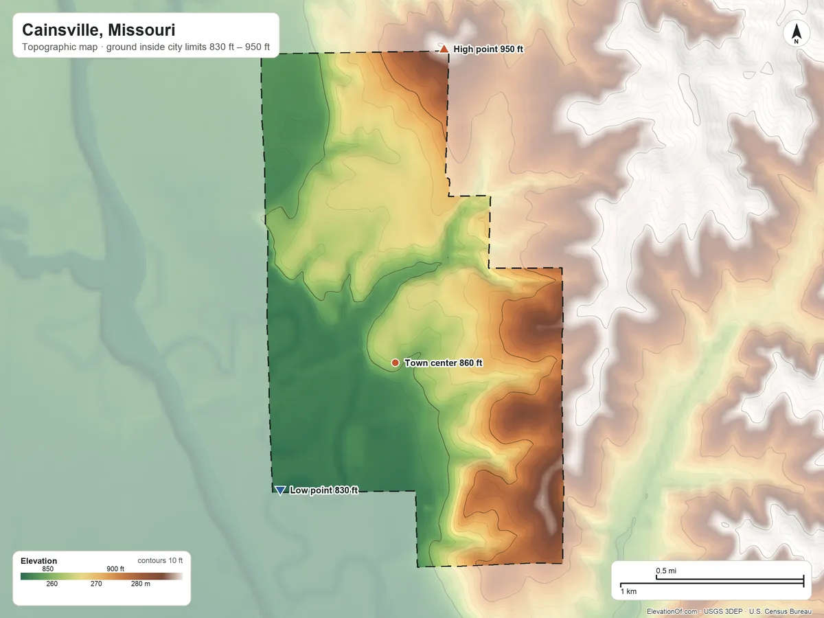 Topographic elevation map of Cainsville, Missouri, shaded from 830 ft on the southwest side to 950 ft on the north side