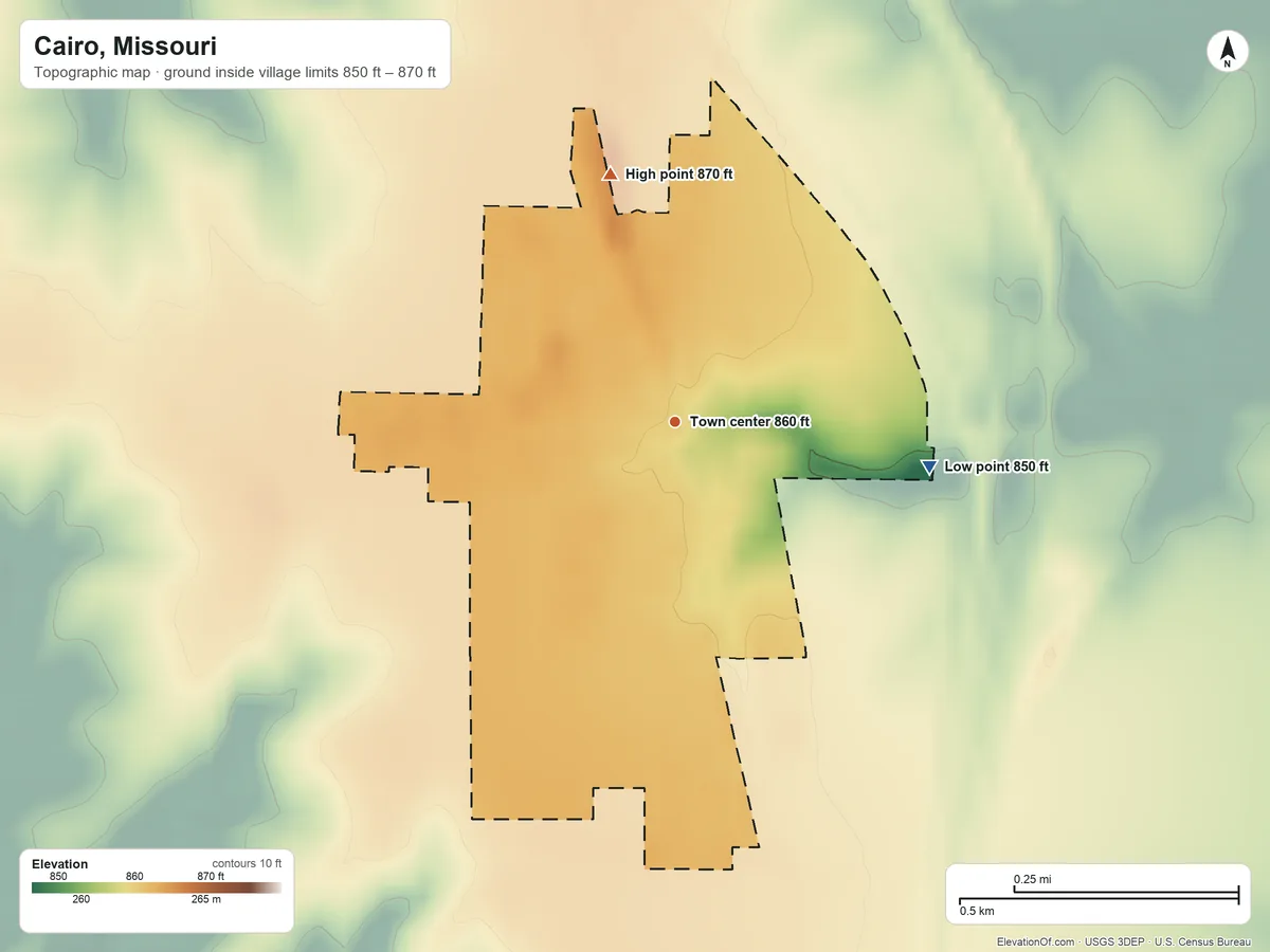 Topographic elevation map of Cairo, Missouri, shaded from 850 ft on the east side to 870 ft on the north side