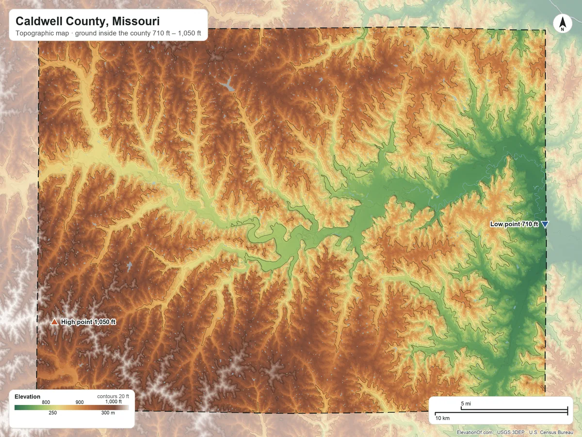 Topographic elevation map of Caldwell County, Missouri, shaded from 710 ft on the east side to 1,050 ft on the southwest side