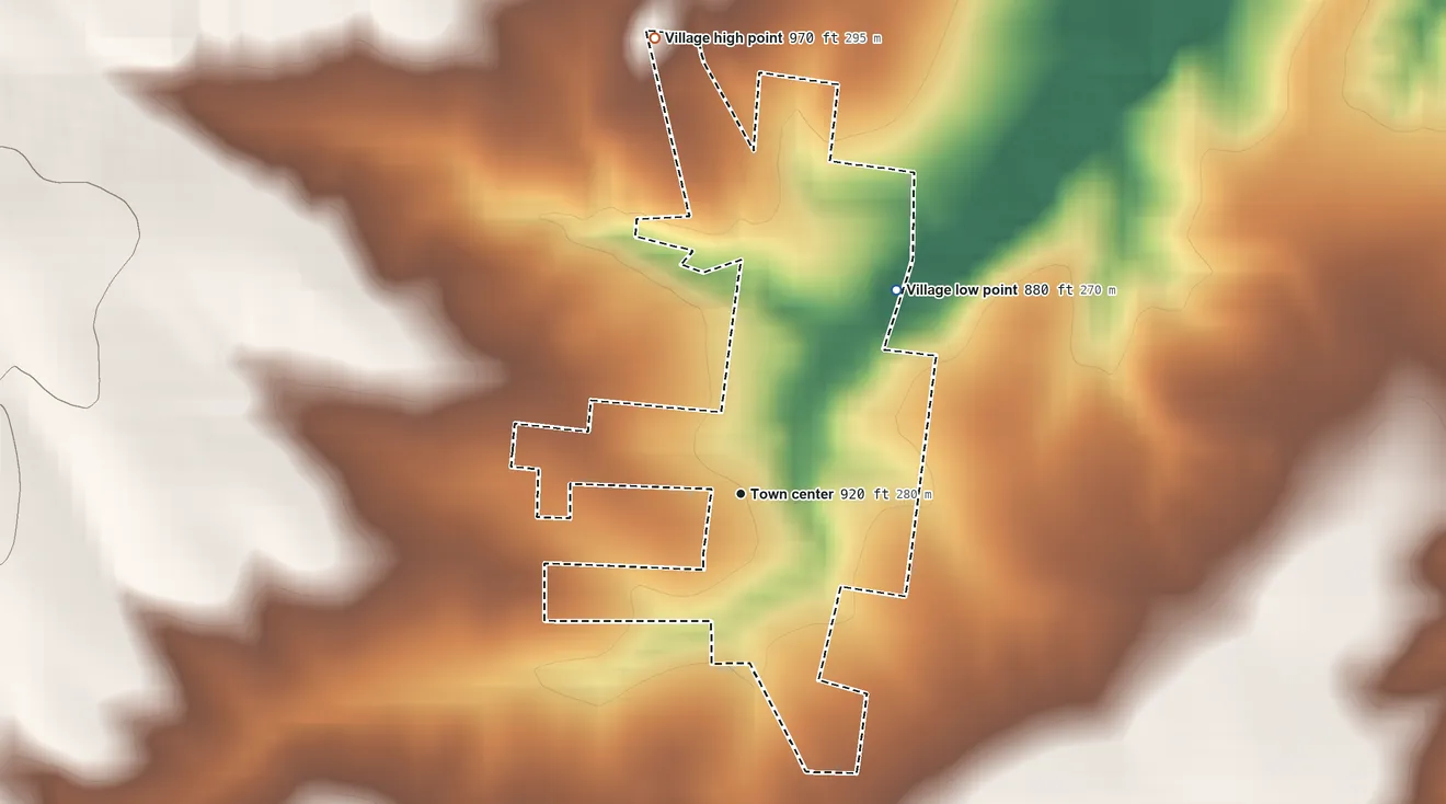 Topographic elevation map of Caledonia, Missouri, shaded from 880 ft on the northeast side to 970 ft on the north side