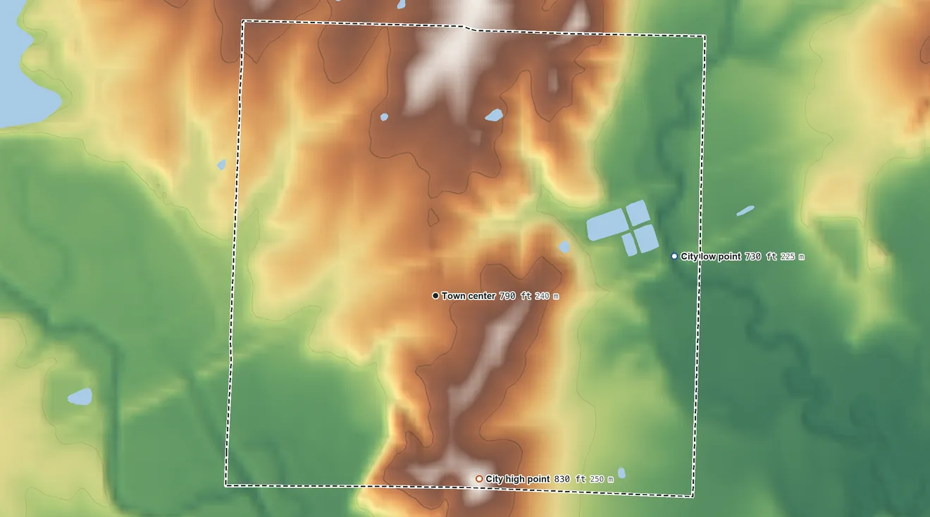 Topographic elevation map of Calhoun, Missouri, shaded from 730 ft on the east side to 830 ft on the south side