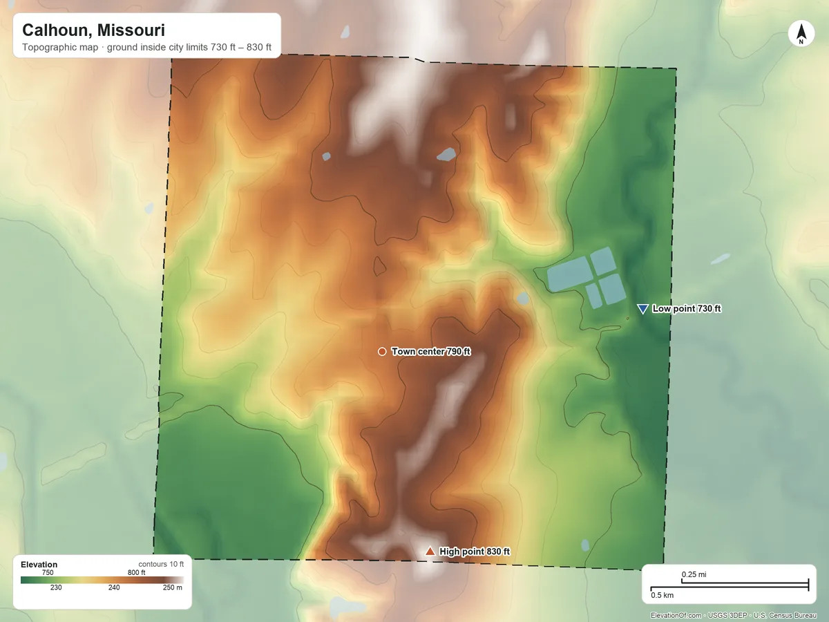 Topographic elevation map of Calhoun, Missouri, shaded from 730 ft on the east side to 830 ft on the south side