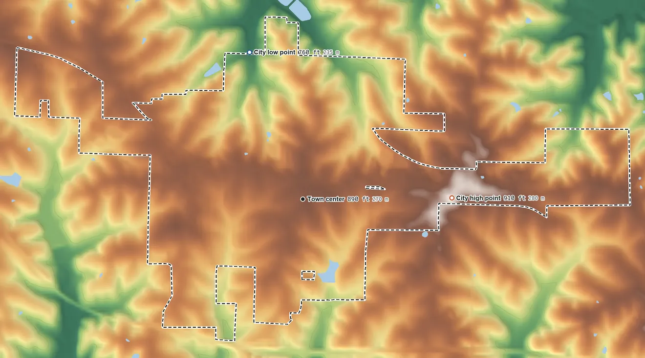 Topographic elevation map of California, Missouri, shaded from 760 ft on the north side to 910 ft on the east side