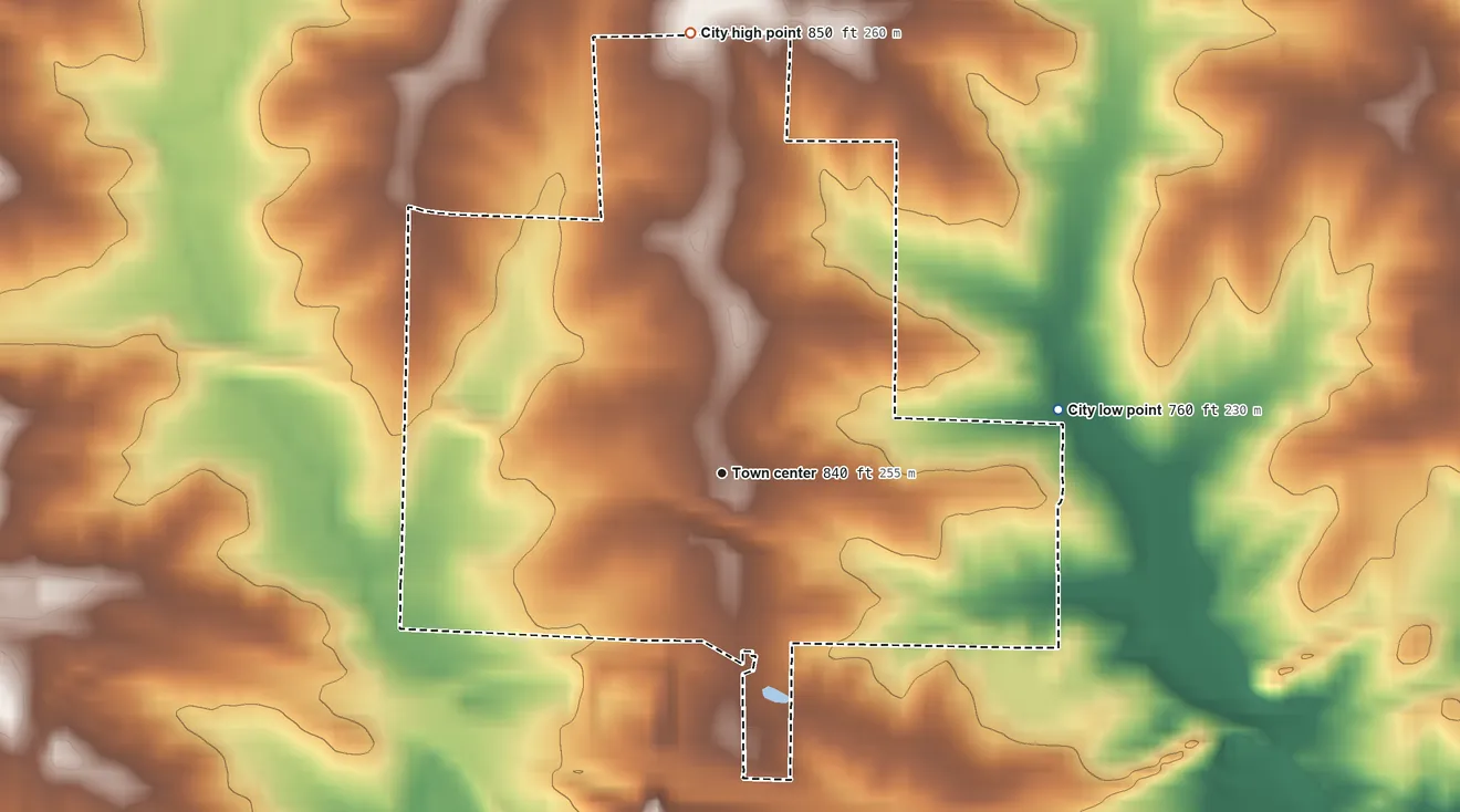 Topographic elevation map of Callao, Missouri, shaded from 760 ft on the east side to 850 ft on the north side