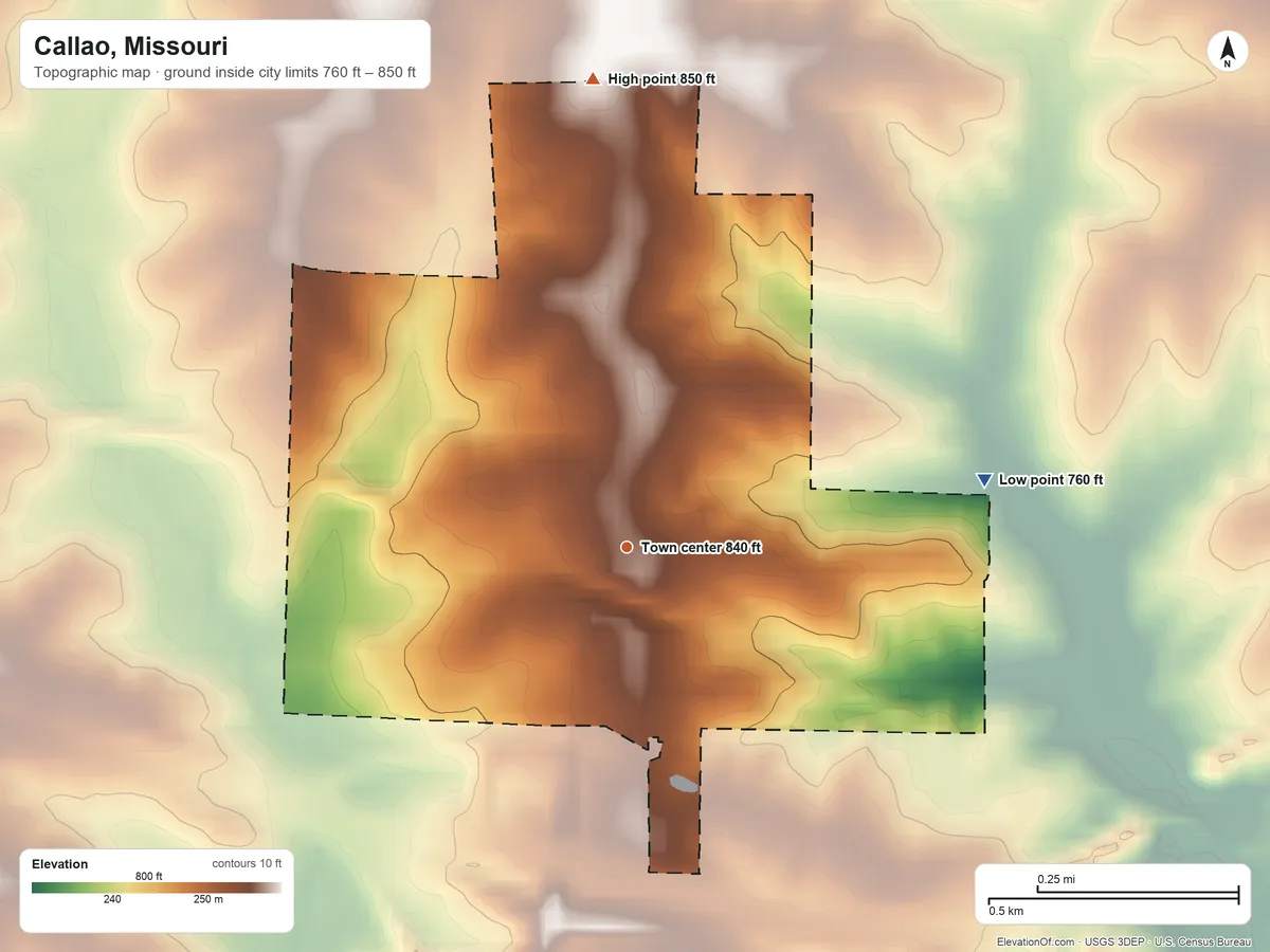 Topographic elevation map of Callao, Missouri, shaded from 760 ft on the east side to 850 ft on the north side