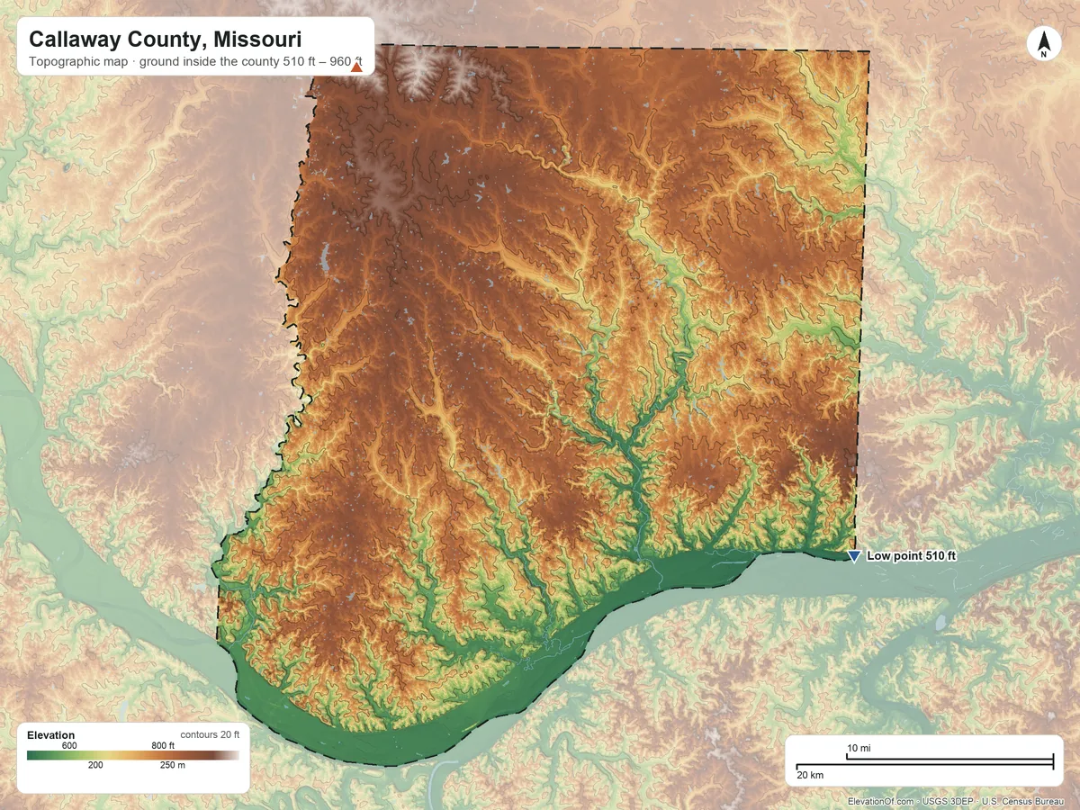 Topographic elevation map of Callaway County, Missouri, shaded from 510 ft on the southeast side to 960 ft on the northwest side