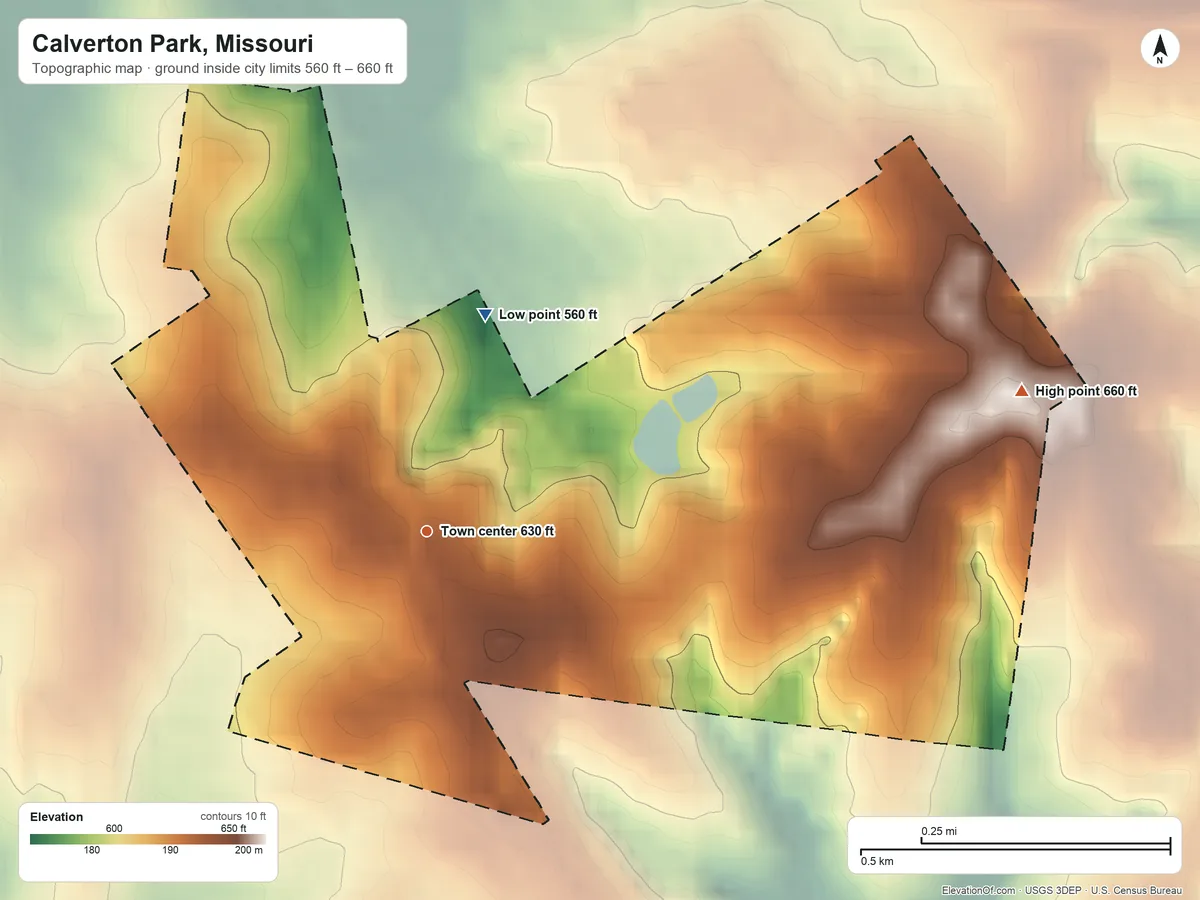 Topographic elevation map of Calverton Park, Missouri, shaded from 560 ft on the north side to 660 ft on the east side