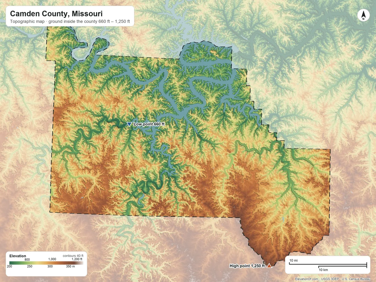Topographic elevation map of Camden County, Missouri, shaded from 660 ft on the west side to 1,250 ft on the southeast side