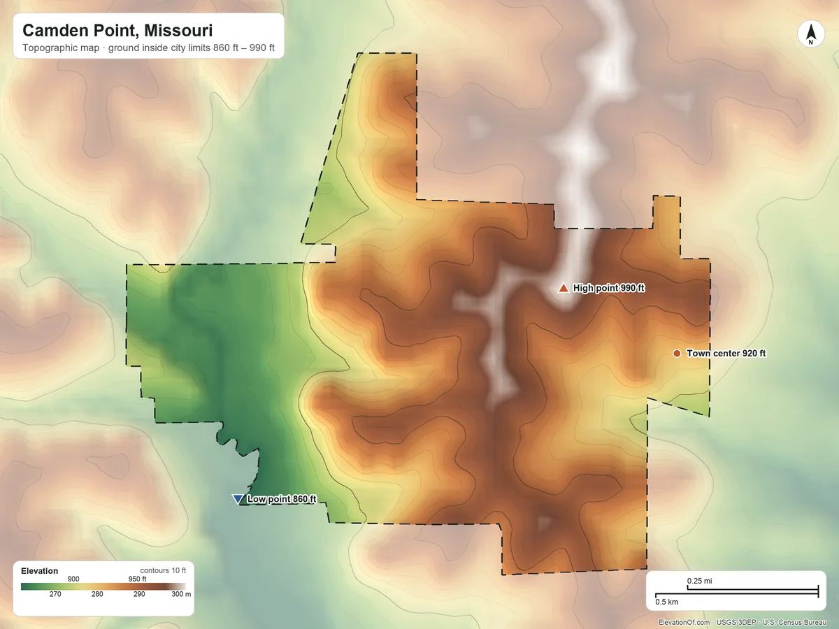 Topographic elevation map of Camden Point, Missouri, shaded from 860 ft on the west side to 990 ft on the northwest side
