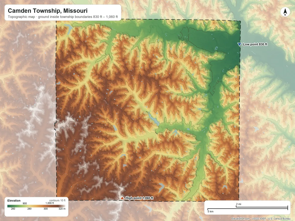 Topographic elevation map of Camden Township, Missouri, shaded from 830 ft on the northeast side to 1,060 ft on the southwest side