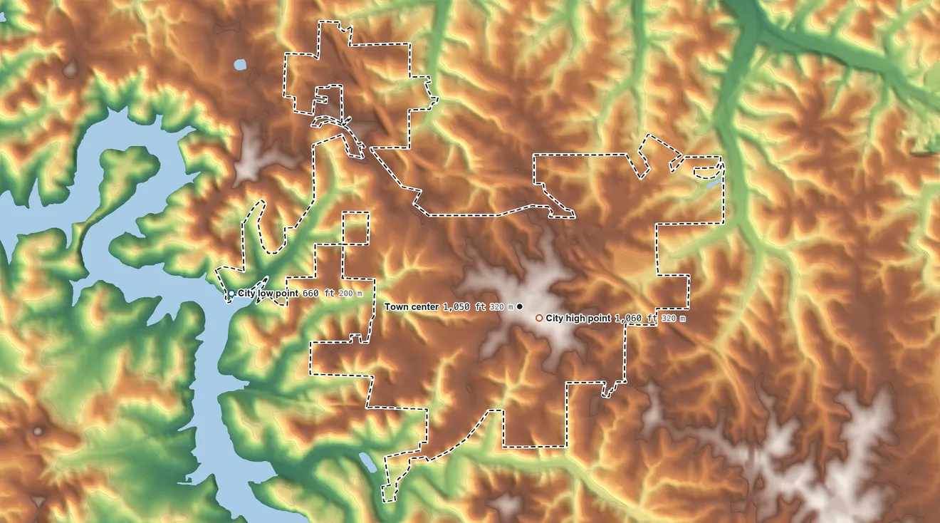 Topographic elevation map of Camdenton, Missouri, shaded from 660 ft on the west side to 1,060 ft near the middle