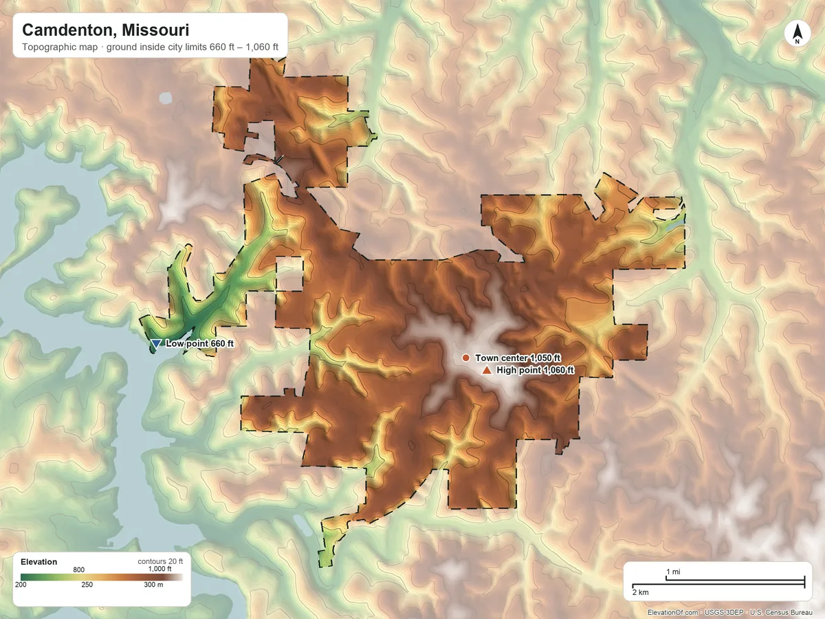 Topographic elevation map of Camdenton, Missouri, shaded from 660 ft on the west side to 1,060 ft near the middle