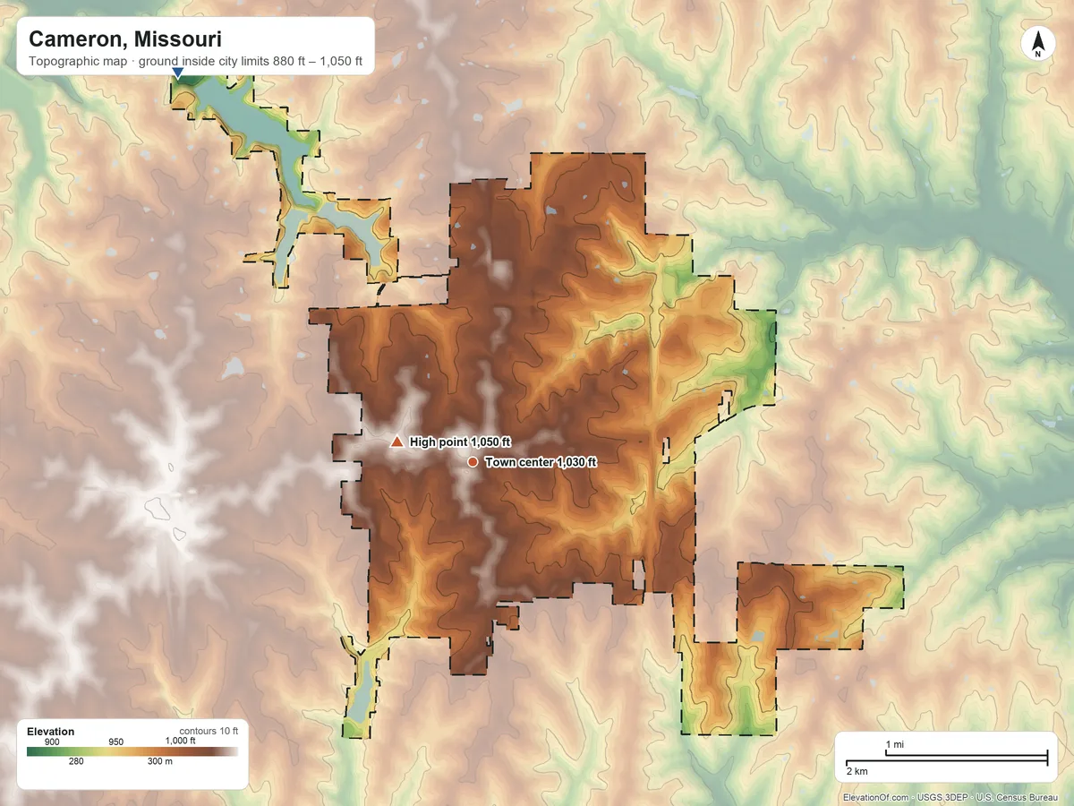 Topographic elevation map of Cameron, Missouri, shaded from 880 ft on the northwest side to 1,050 ft near the middle
