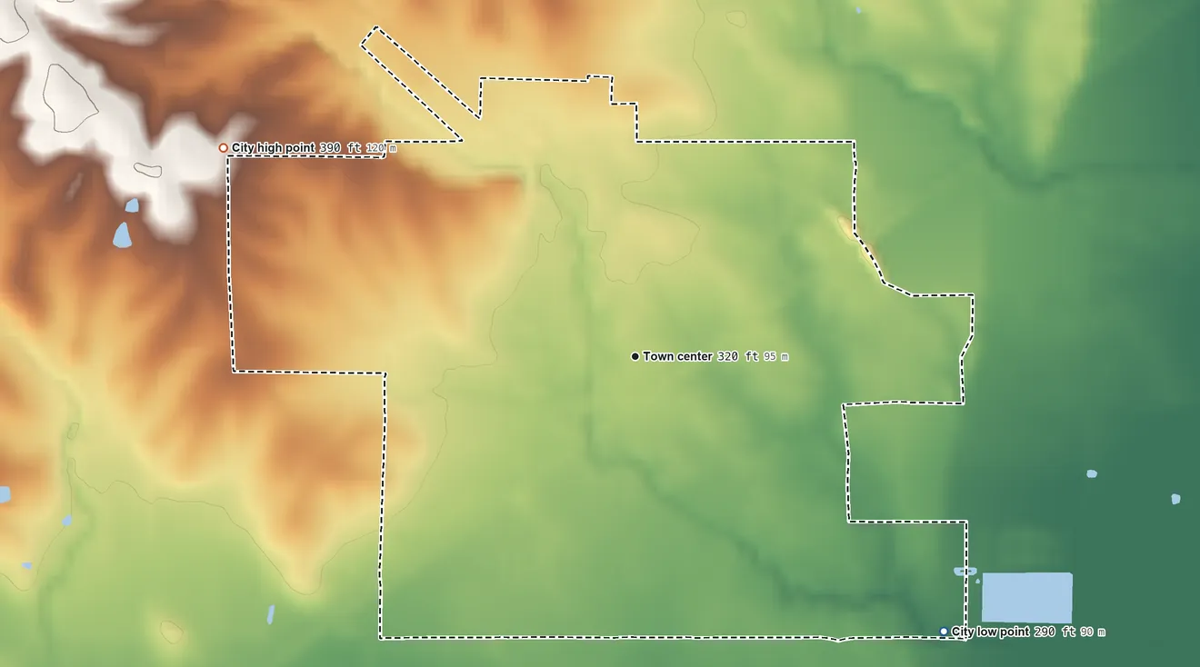 Topographic elevation map of Campbell, Missouri, shaded from 290 ft on the southeast side to 390 ft on the northwest side