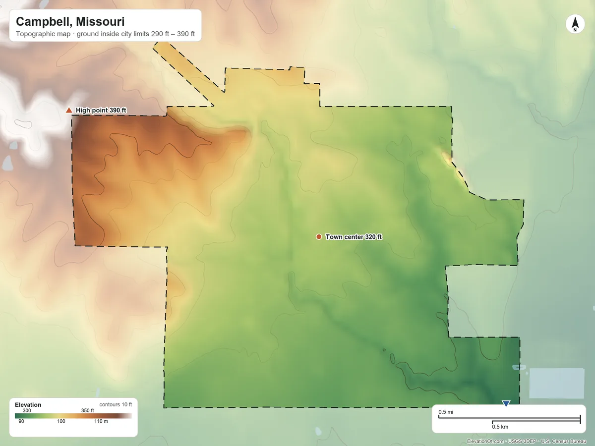 Topographic elevation map of Campbell, Missouri, shaded from 290 ft on the southeast side to 390 ft on the northwest side