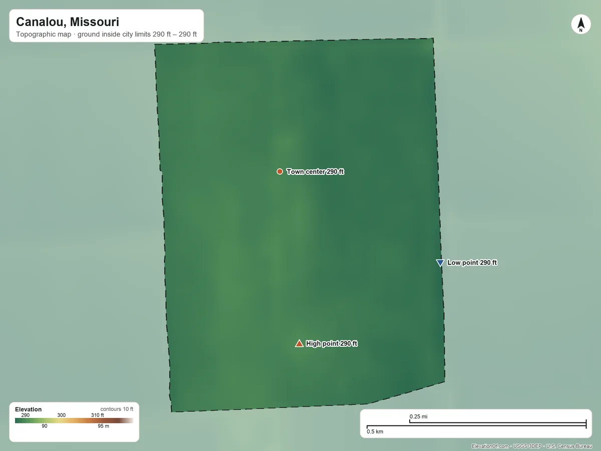Topographic elevation map of Canalou, Missouri, shaded from 290 ft on the southeast side to 290 ft on the south side