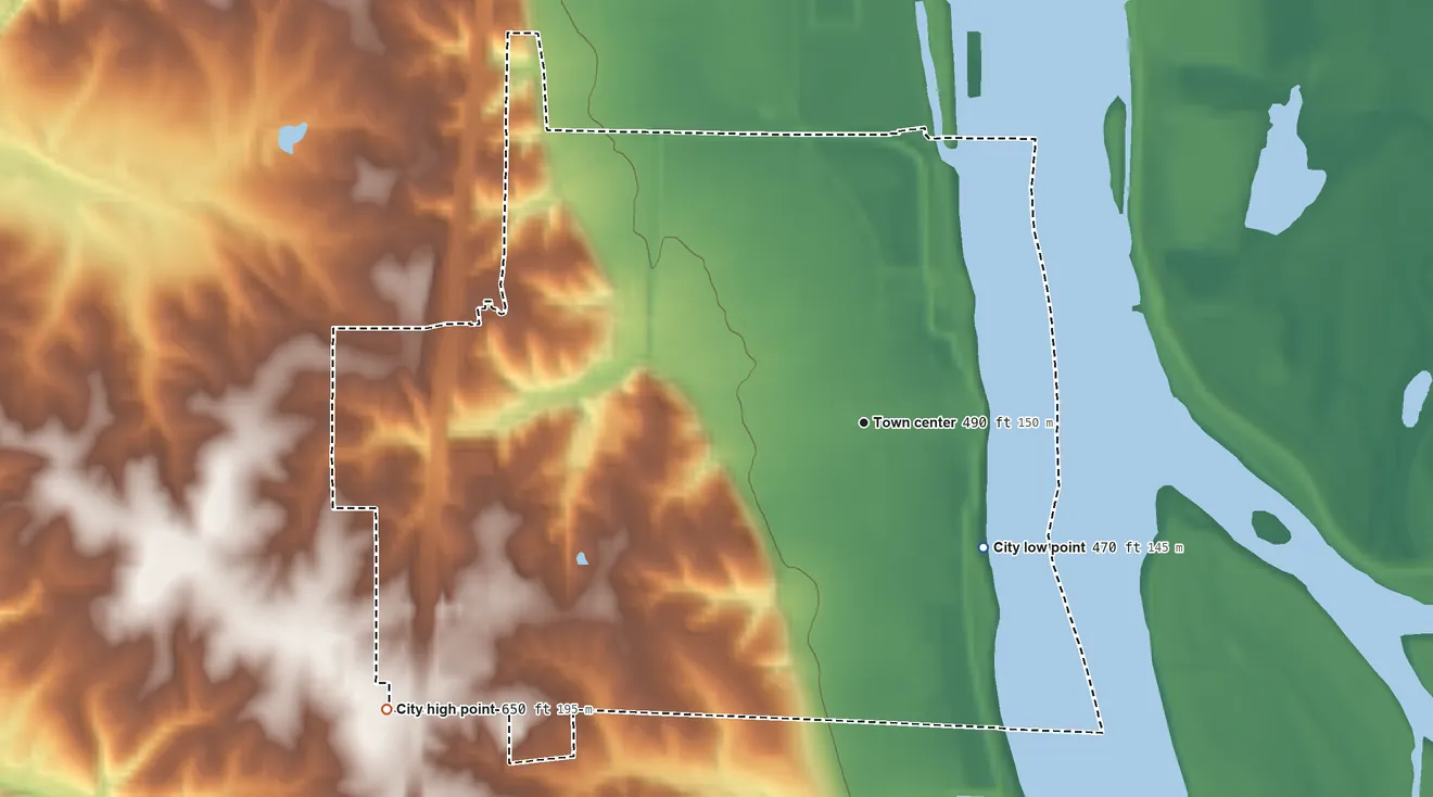Topographic elevation map of Canton, Missouri, shaded from 470 ft on the southeast side to 650 ft on the southwest side