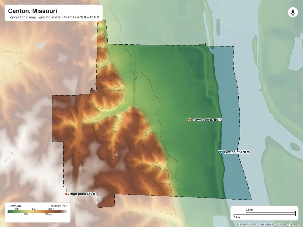 Topographic elevation map of Canton, Missouri, shaded from 470 ft on the southeast side to 650 ft on the southwest side