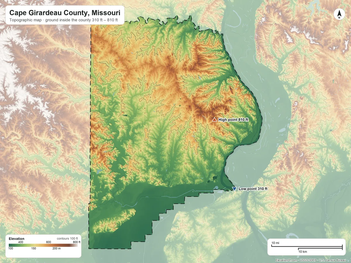 Topographic elevation map of Cape Girardeau County, Missouri, shaded from 310 ft on the southeast side to 810 ft on Grassy Knob