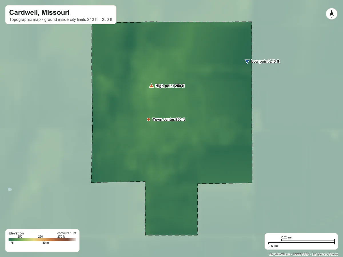 Topographic elevation map of Cardwell, Missouri, shaded from 240 ft on the northeast side to 250 ft on the north side