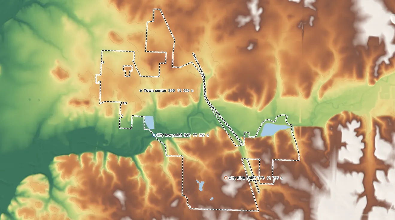 Topographic elevation map of Carl Junction, Missouri, shaded from 840 ft on the south side to 970 ft on the southeast side