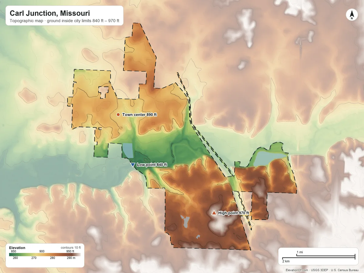 Topographic elevation map of Carl Junction, Missouri, shaded from 840 ft on the south side to 970 ft on the southeast side