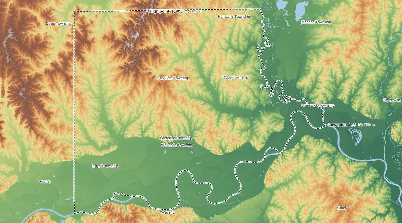 Topographic elevation map of Carroll County, Missouri, shaded from 620 ft on the east side to 1,000 ft on the northwest side
