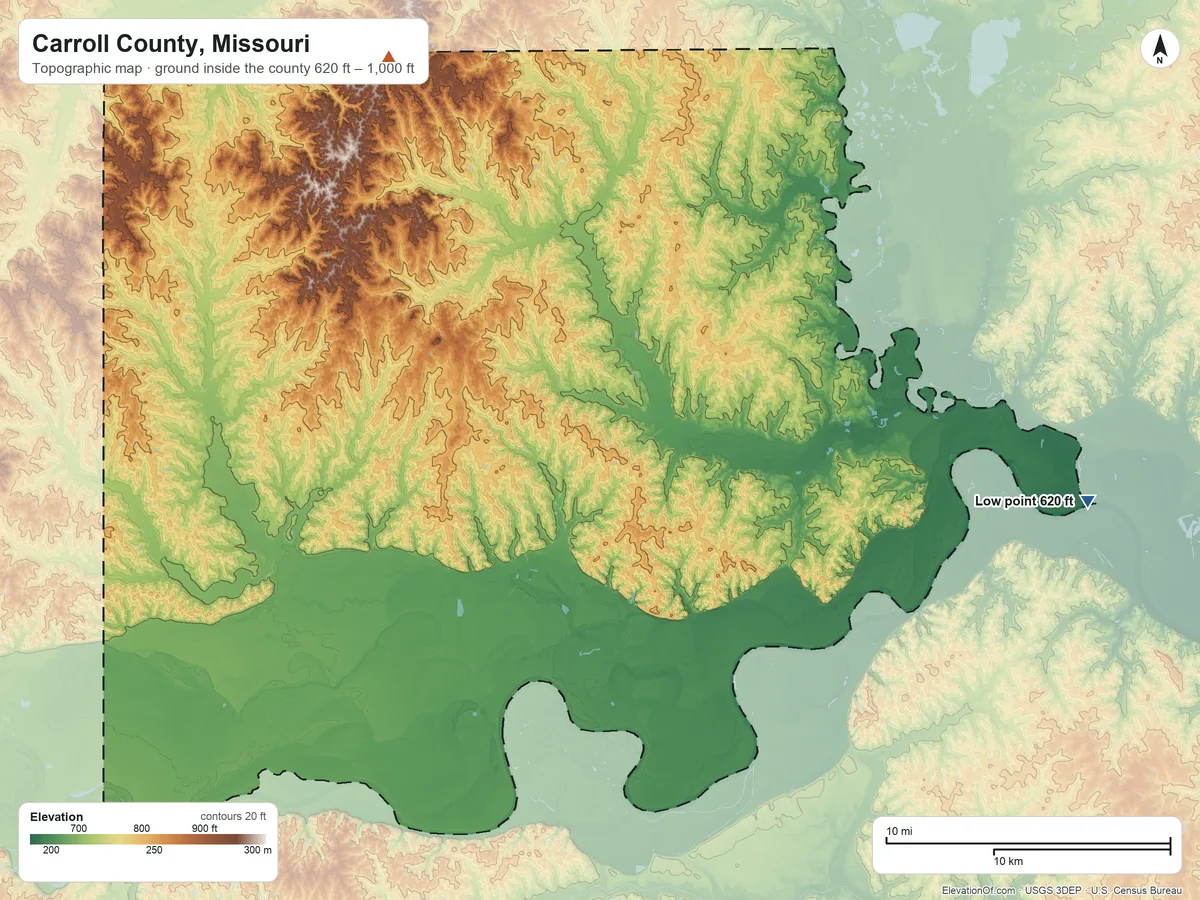 Topographic elevation map of Carroll County, Missouri, shaded from 620 ft on the east side to 1,000 ft on the northwest side