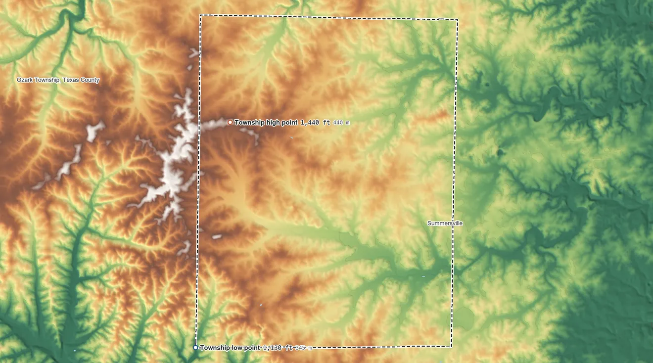 Topographic elevation map of Carroll Township, Missouri, shaded from 1,130 ft on the southwest side to 1,440 ft on the northwest side