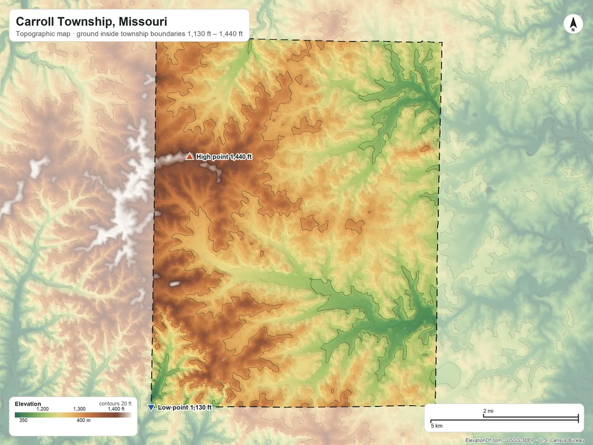 Topographic elevation map of Carroll Township, Missouri, shaded from 1,130 ft on the southwest side to 1,440 ft on the northwest side