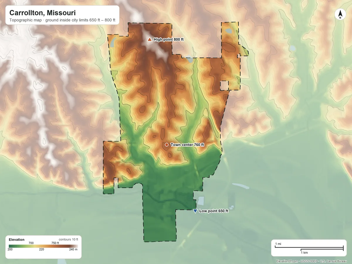 Topographic elevation map of Carrollton, Missouri, shaded from 650 ft on the southeast side to 800 ft on the north side