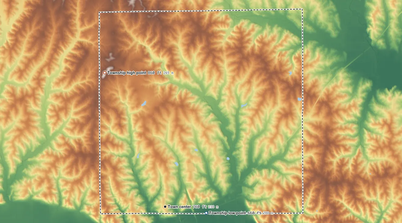 Topographic elevation map of Carrollton Township, Missouri, shaded from 660 ft on the east side to 860 ft on the northwest side