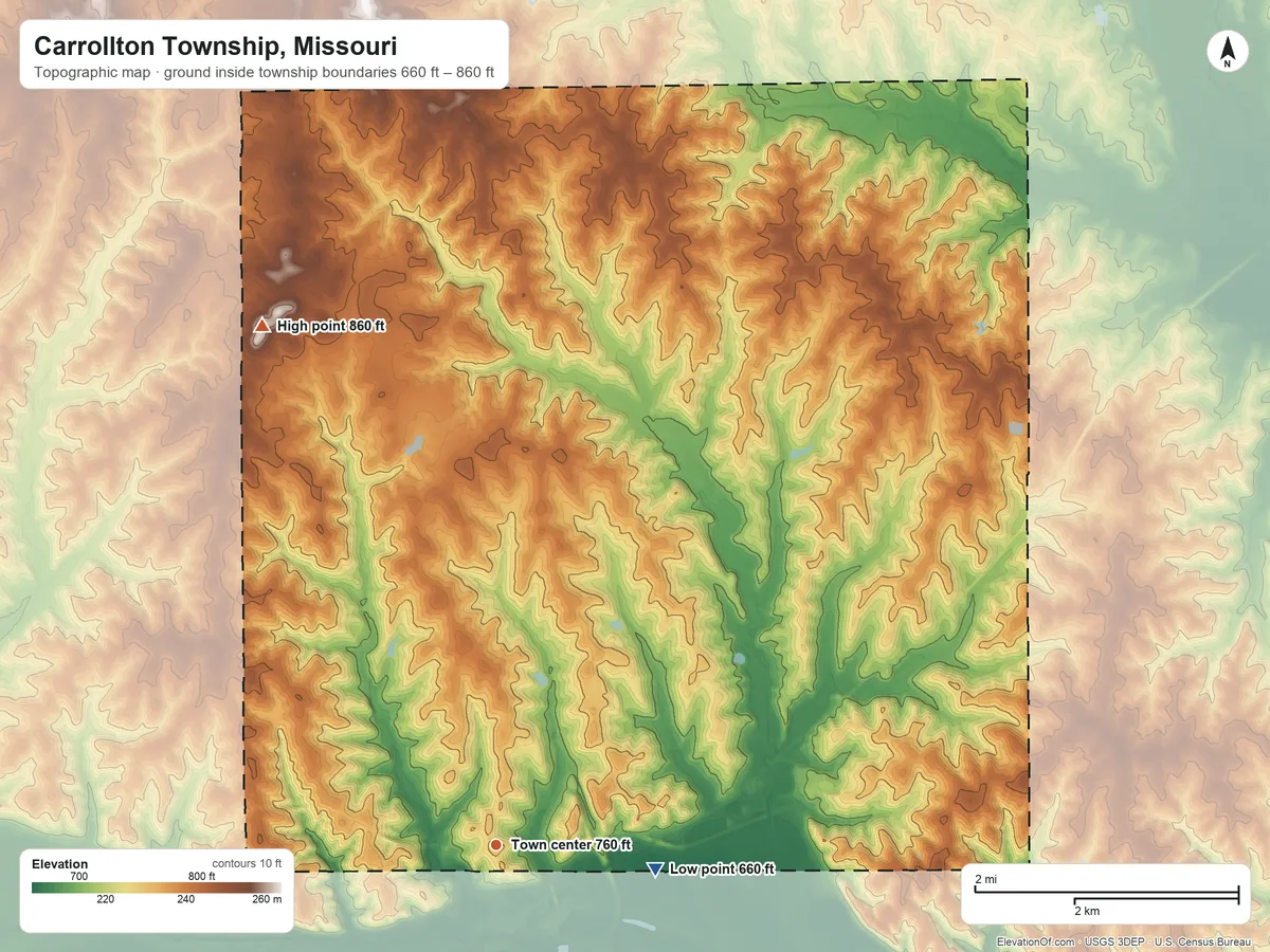 Topographic elevation map of Carrollton Township, Missouri, shaded from 660 ft on the east side to 860 ft on the northwest side