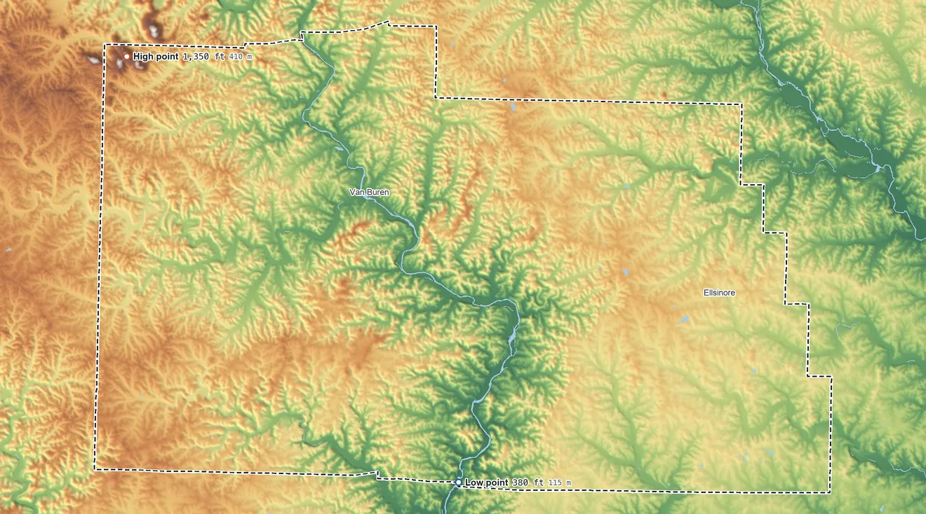 Topographic elevation map of Carter County, Missouri, shaded from 380 ft on the south side to 1,350 ft on Stegall Mountain