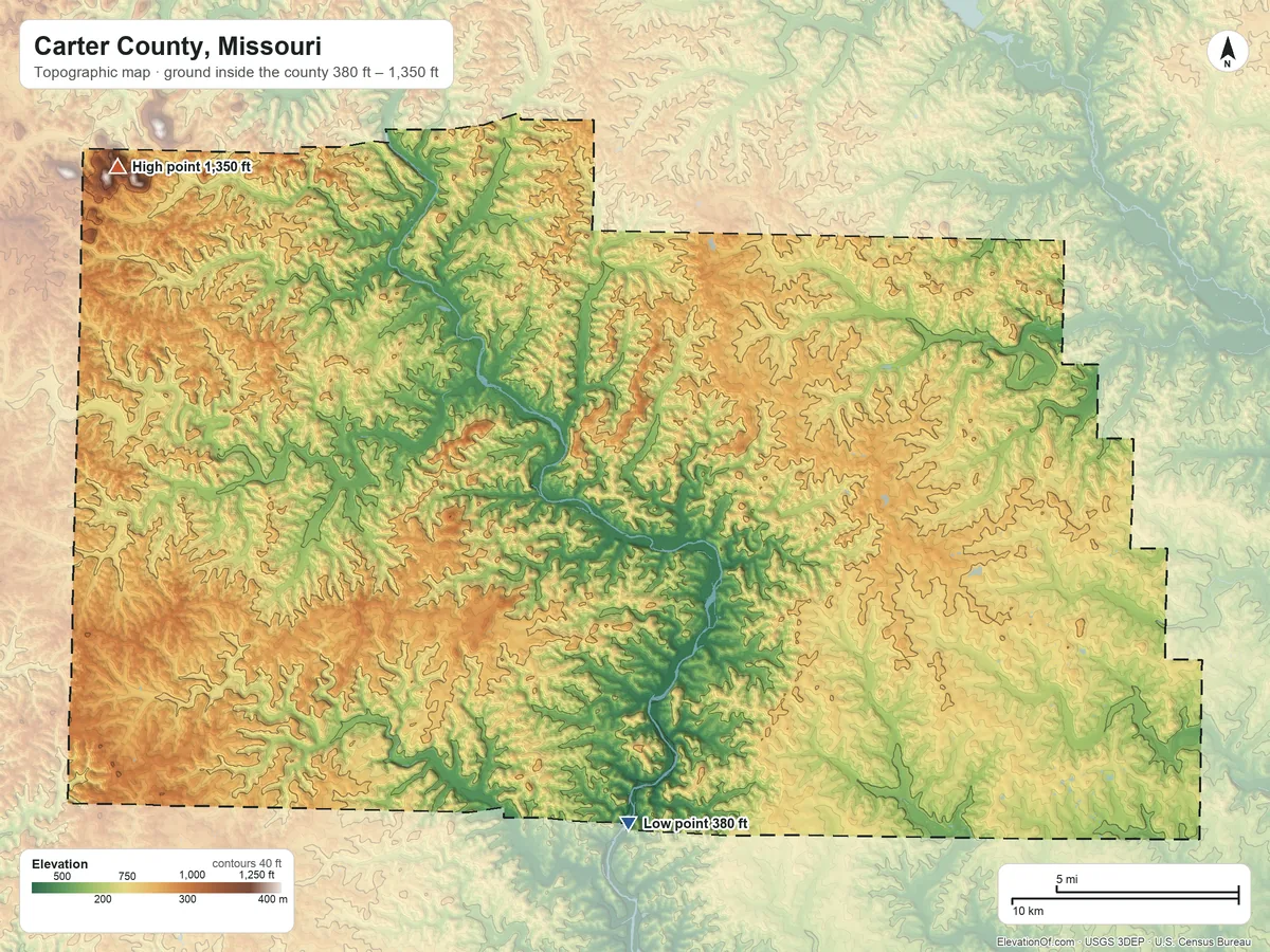 Topographic elevation map of Carter County, Missouri, shaded from 380 ft on the south side to 1,350 ft on Stegall Mountain