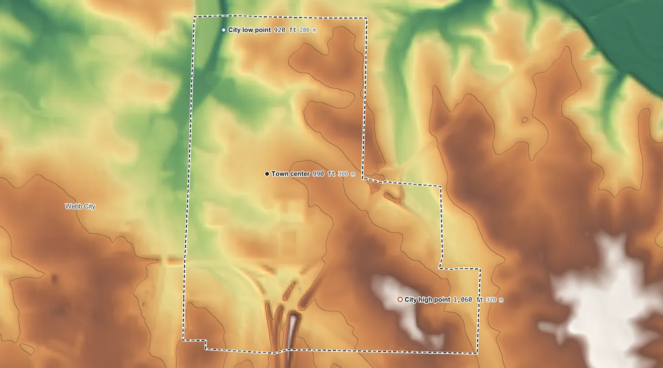 Topographic elevation map of Carterville, Missouri, shaded from 920 ft on the north side to 1,060 ft on the southeast side