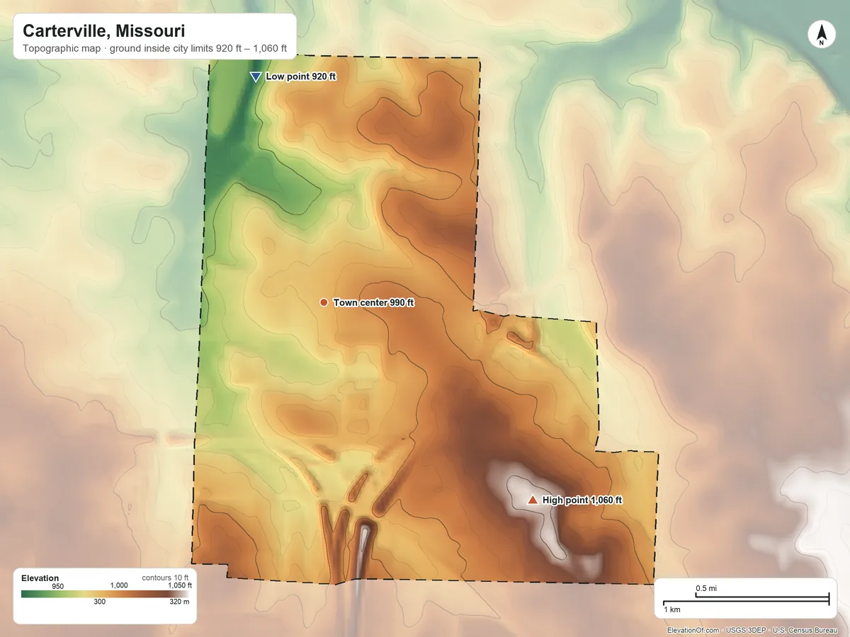 Topographic elevation map of Carterville, Missouri, shaded from 920 ft on the north side to 1,060 ft on the southeast side