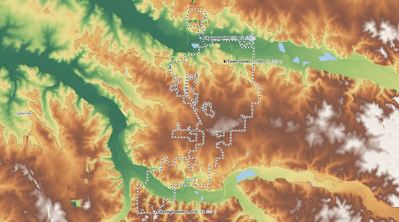 Topographic elevation map of Carthage, Missouri, shaded from 920 ft on the northwest side to 1,090 ft on the southwest side