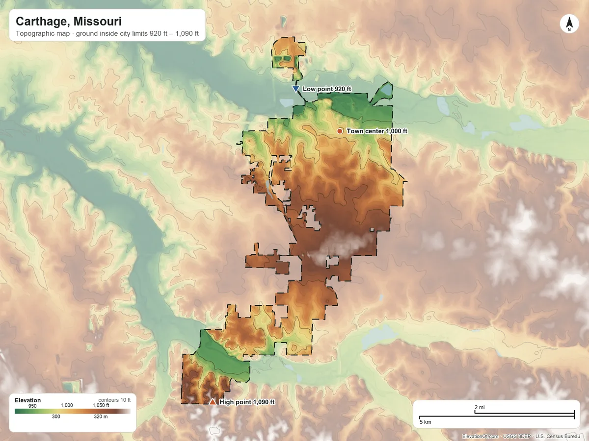 Topographic elevation map of Carthage, Missouri, shaded from 920 ft on the northwest side to 1,090 ft on the southwest side