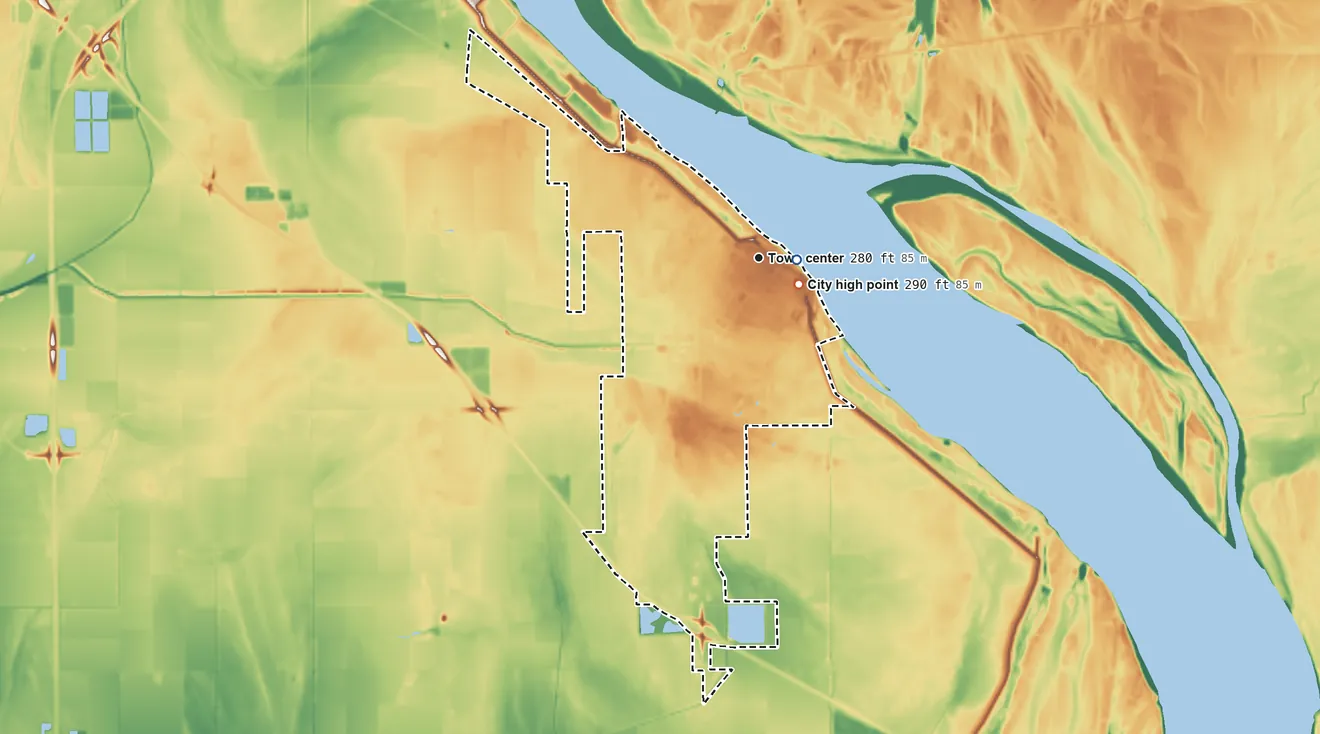 Topographic elevation map of Caruthersville, Missouri, shaded from 250 ft near the middle to 290 ft near the middle