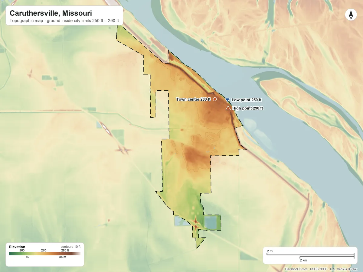 Topographic elevation map of Caruthersville, Missouri, shaded from 250 ft near the middle to 290 ft near the middle