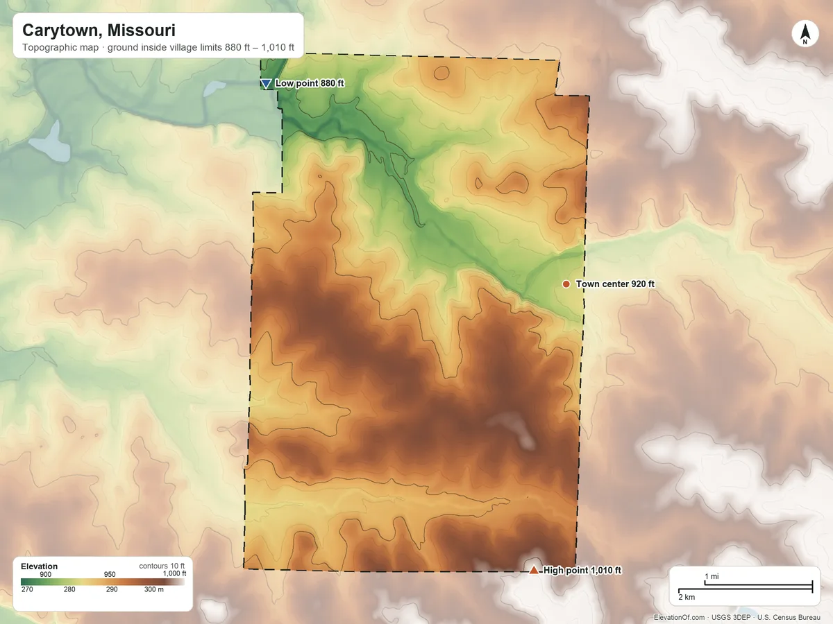 Topographic elevation map of Carytown, Missouri, shaded from 880 ft on the northwest side to 1,010 ft on the south side