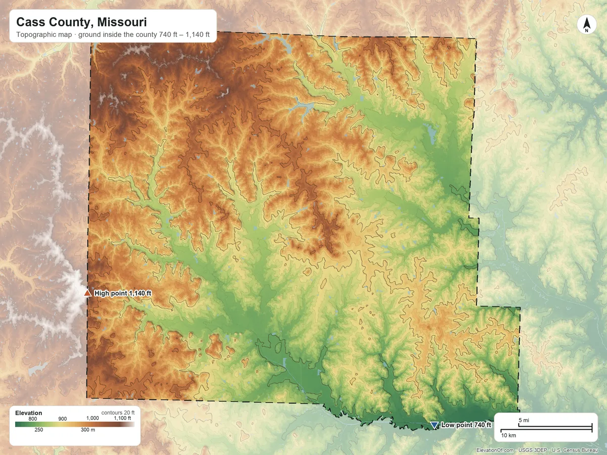 Topographic elevation map of Cass County, Missouri, shaded from 740 ft on the southeast side to 1,140 ft on the west side