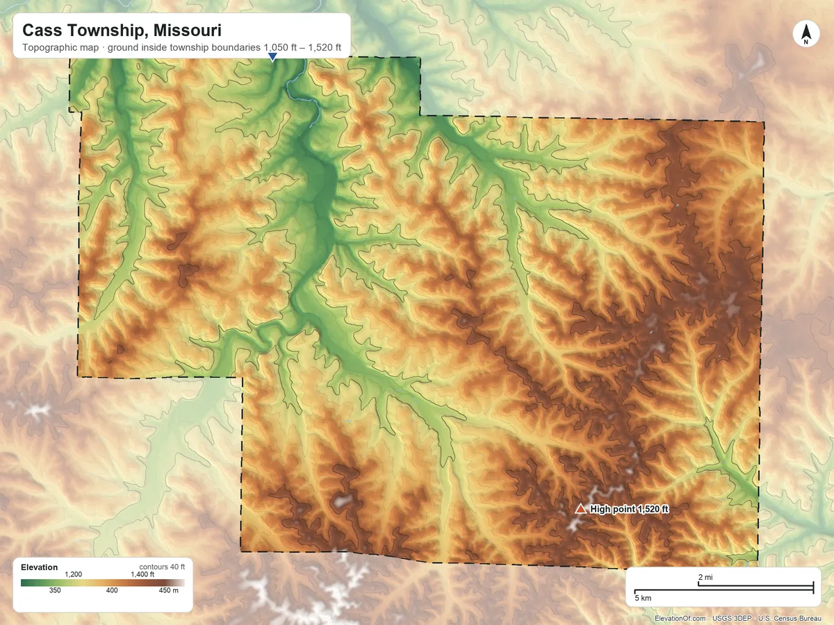 Topographic elevation map of Cass Township, Missouri, shaded from 1,050 ft on the northwest side to 1,520 ft on the southeast side